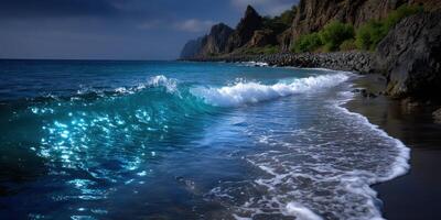 Blue waves crash on a rocky shoreline at sunset near mountainous cliffs photo