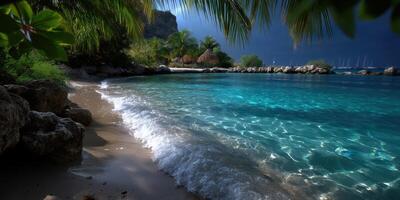 Serene turquoise waters lap against the sandy shore under a cloudy sky in a tropical paradise photo