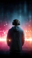 Person in hoodie listens to music with headphones while surrounded by colorful lights at night photo