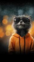 Cool cat wearing sunglasses and hoodie poses with confidence in a vibrant urban setting at dusk photo