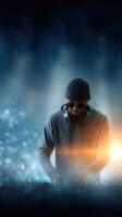 DJ performs at a lively event with vibrant lights and focused energy in a dynamic urban setting photo