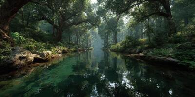 Tranquil forested river reflecting lush greenery during the calm morning hours photo