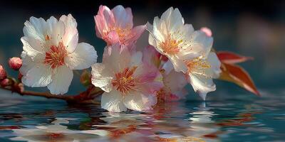 Blooming cherry blossoms reflect gracefully on still water during a serene spring morning in a tranquil garden setting photo