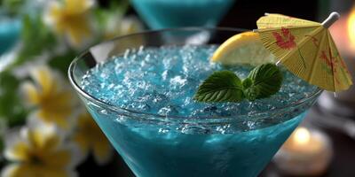Refreshing blue cocktail with garnishes at a cozy gathering on a summer evening photo