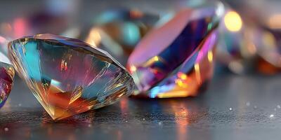 Colorful sparkling gemstones scattered on a dark surface reflecting light in intriguing patterns during the afternoon photo