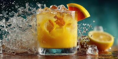 Refreshing orange cocktail splashes in a glass with ice and citrus garnishes during a summer gathering photo