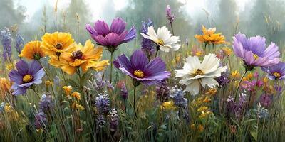 Vibrant wildflowers bloom in a sunny meadow during a warm spring afternoon photo