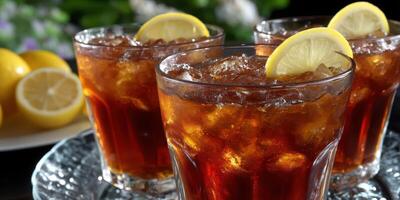 Refreshing iced tea served in clear glasses with lemon wedges during a sunny afternoon gathering photo