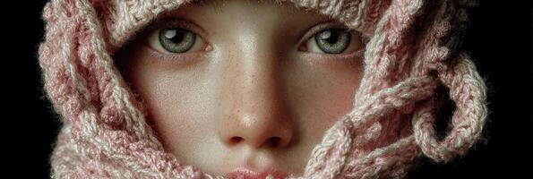 Young girl with striking eyes wearing a cozy pink scarf against a dark background photo