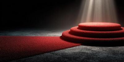 Elegant red carpet leading to a spotlight on a decorative stage in a dark setting photo
