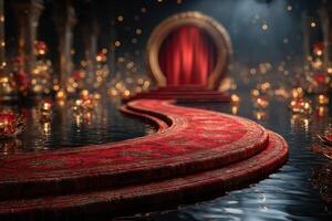 Elegant red carpet pathway leading to a stage surrounded by soft glowing lights in an enchanting venue photo