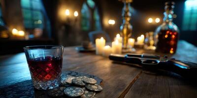 Whiskey glass and poker chips on a dimly lit table in an old tavern during the night photo