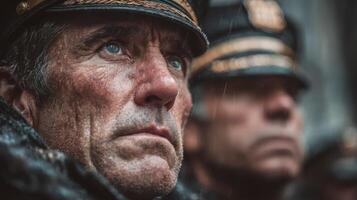 Emotion and resilience in rain during military ceremony with soldiers in uniforms at dusk photo