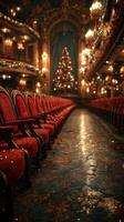 Empty theater with red velvet chairs and a beautifully lit Christmas tree in the background during the holiday season photo