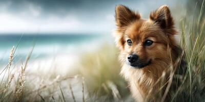 Brown fluffy dog rests in tall grass by the shore on a cloudy day enjoying the fresh sea breeze photo