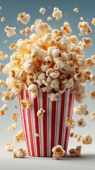 palomitas de maiz estallidos desde a rayas envase en un emocionante mostrar, Perfecto para película noches o bocadillo hora aventuras foto