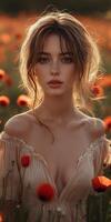 Portrait of a woman in a field of poppies during golden hour capturing beauty and serenity in nature photo