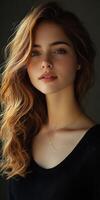 Young woman with wavy hair poses in a softly lit room during golden hour photo