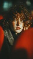 Young woman with curly hair gazes thoughtfully in a warm-lit environment during evening hours photo