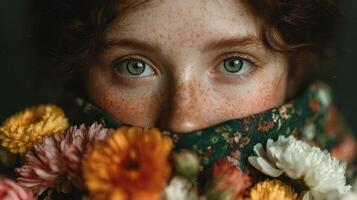 Portrait of a young person with green eyes surrounded by vibrant flowers in a close-up setting photo