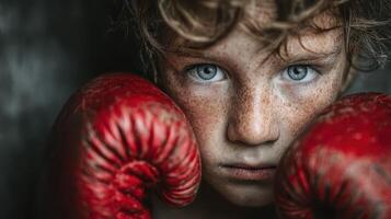 Young boxer focused and determined in the gym wearing red gloves during training session in the evening light photo