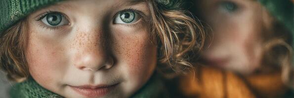 Children with expressive eyes wearing winter hats pose together in a cozy indoor setting during a chilly day photo