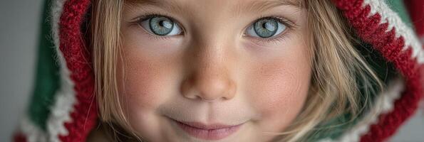 Young girl with captivating blue eyes wearing a festive hooded outfit during winter season celebration photo