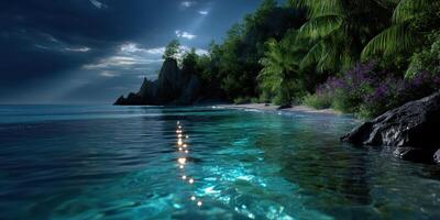 Tranquil coastal landscape with clear waters and lush greenery under a serene sky at dusk photo