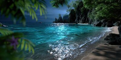 Clear turquoise water gently laps against a secluded sandy beach under a starry night sky near rocky cliffs photo