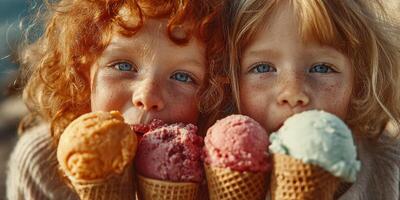 Two children enjoying colorful ice cream cones during a sunny day at a beach park photo