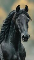 Majestic black horse with flowing mane stands proudly against a blurred natural background photo