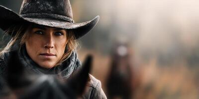 Woman in cowboy hat focuses on landscape with horses in background during early morning light in rural area photo