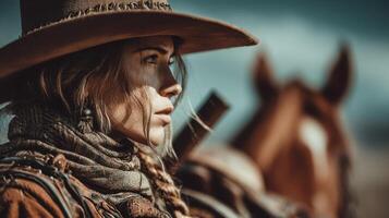 Cowgirl stands proudly in rugged landscape with horse during golden hour photo