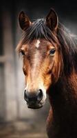 Majestic chestnut horse gazes inquisitively during a misty morning on a farm photo