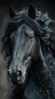 Majestic black horse with flowing mane standing against a dark background in a serene setting, capturing strength and beauty photo