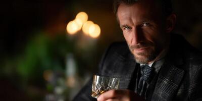 Sophisticated man holding a whiskey glass in dimly lit bar setting during evening hours photo