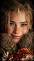 Young woman with flowers smiling warmly in cozy sweater, capturing genuine joy in an intimate moment photo