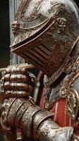 Detailed medieval knight armor displayed in an indoor setting showcasing intricate designs photo