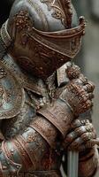 Detailed knight in ornate armor holding sword during a ceremonial event in a historical setting photo