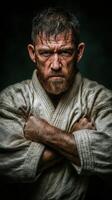 Intense martial artist posing confidently in traditional attire with a fierce expression photo