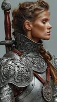 Warrior in ornate silver armor stands confidently while holding a sword in a modern setting photo