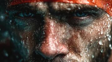 Intense close-up of a determined athlete with water droplets on skin, showcasing focus and strength during training photo