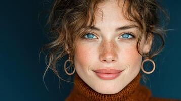 Portrait of a smiling woman with blue eyes and curly hair wearing a knitted sweater in a studio setting photo