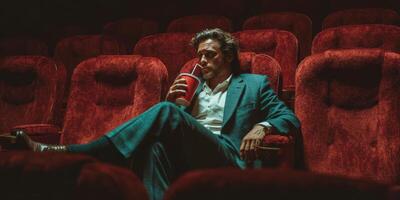 Man enjoying a drink in a velvet cinema seat during a movie in the evening photo