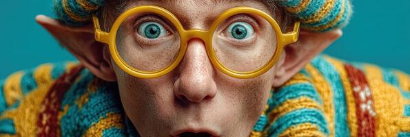 Colorful character with large glasses surprises onlookers in fun and vibrant outfit photo