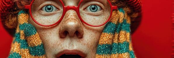 Boy shows surprise with red glasses and winter scarf in a vibrant colorful setting photo