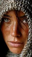 Strong expression of a woman in chainmail hood captures a moment of intensity and resilience in a rustic environment photo