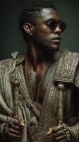 Dramatic portrait of a man in ornate costume with sunglasses showcasing intricate details and powerful pose photo