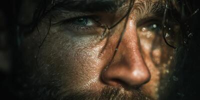Close-up of a man with intense gaze, water droplets on skin, in dramatic lighting during evening hours photo