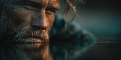 Man gazing intently at water surface during golden hour in natural setting with a thoughtful expression photo